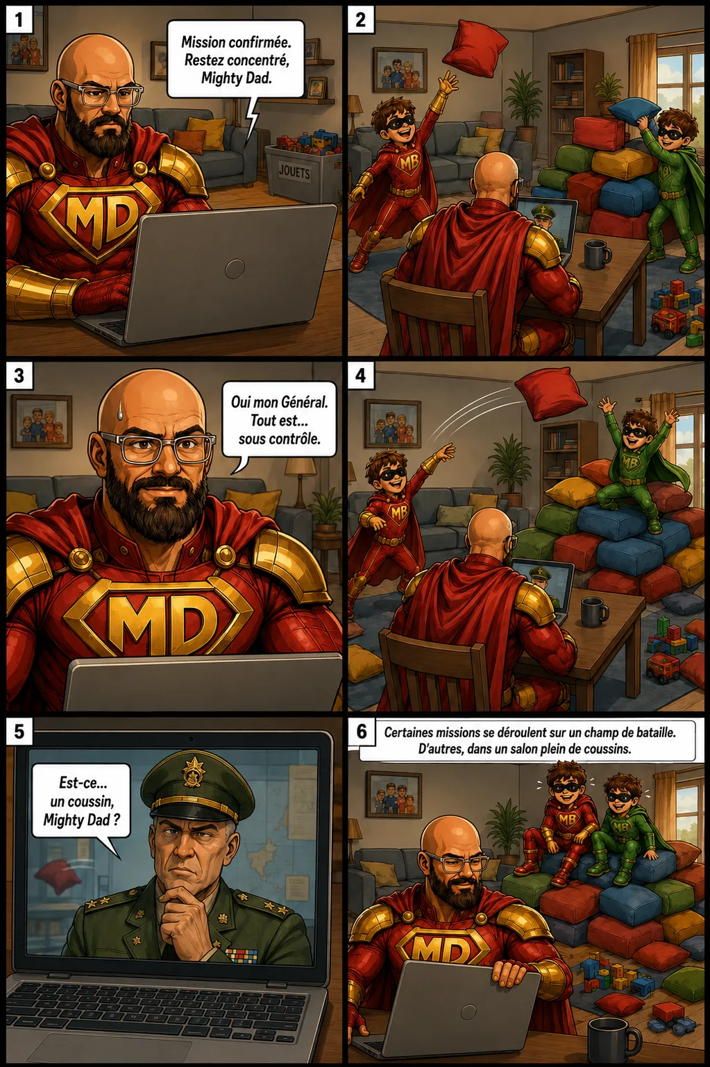 BD Mighty Dad — Mighty Dad tente de rester sérieux pendant que ses fils construisent un fort de coussins derrière lui. Certaines missions se déroulent sur un champ de bataille, d'autres dans un salon plein de coussins.