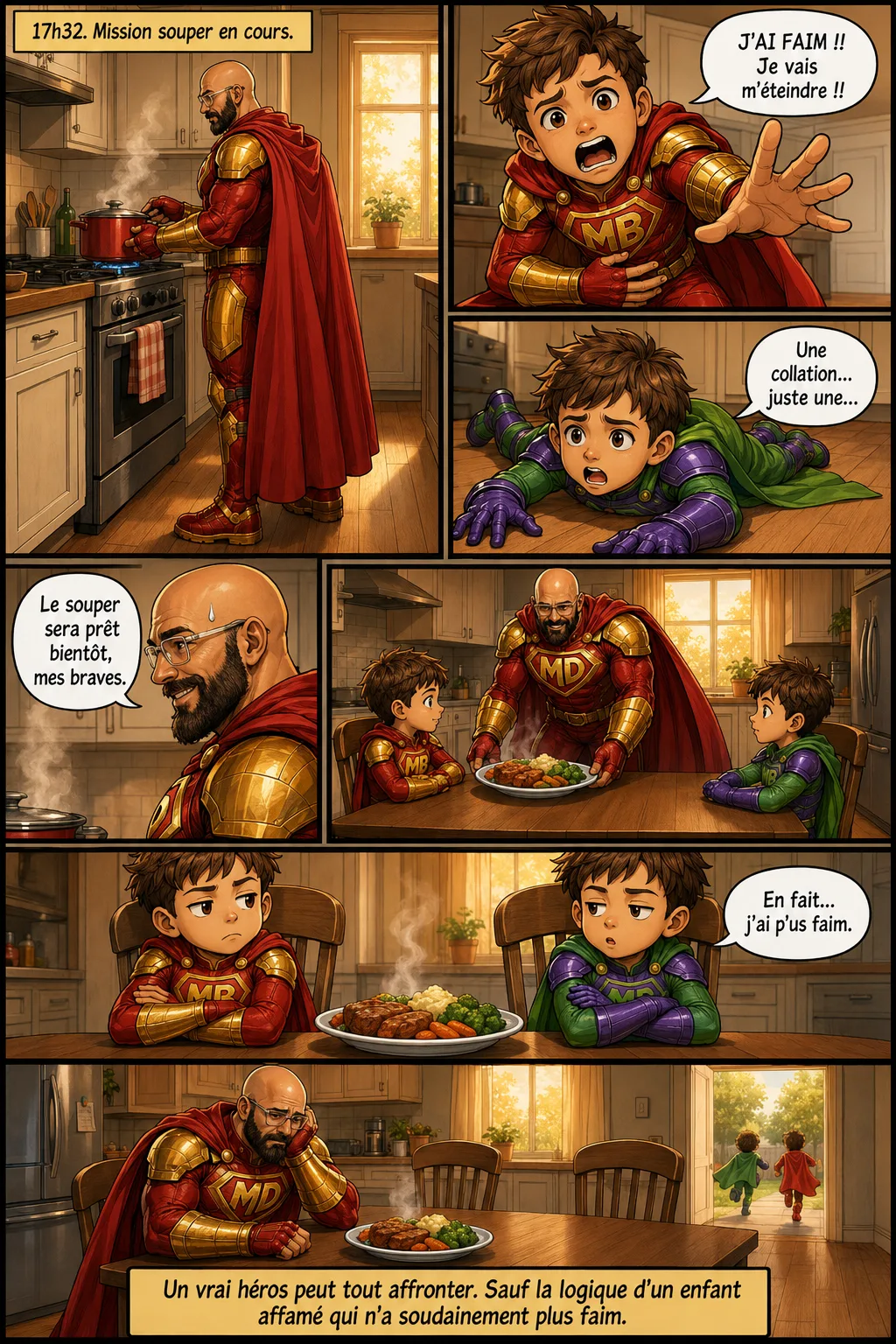 BD Mighty Dad — Deux enfants affamés supplient pour une collation, puis n'ont soudain plus faim quand le souper arrive à table.
