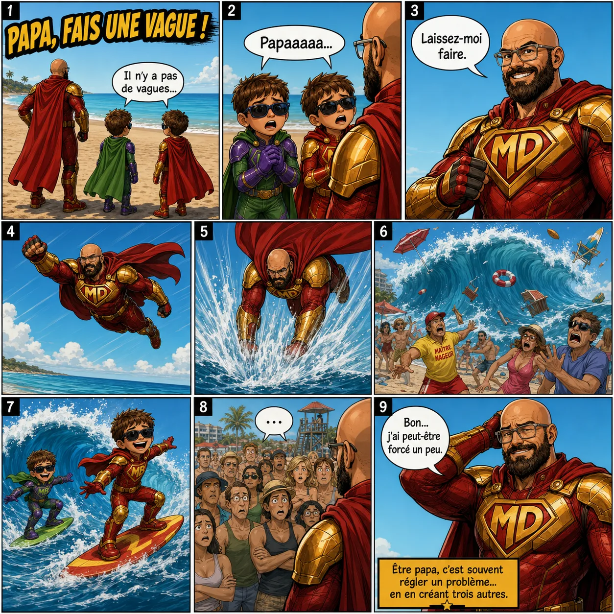 BD Mighty Dad — à la plage sans vagues, Mighty Dad plonge dans l'océan et déclenche un tsunami ; les baigneurs et le maître-nageur paniquent pendant que les Mighty Boys surfent, ravis. Être papa, c'est régler un problème en en créant trois autres.