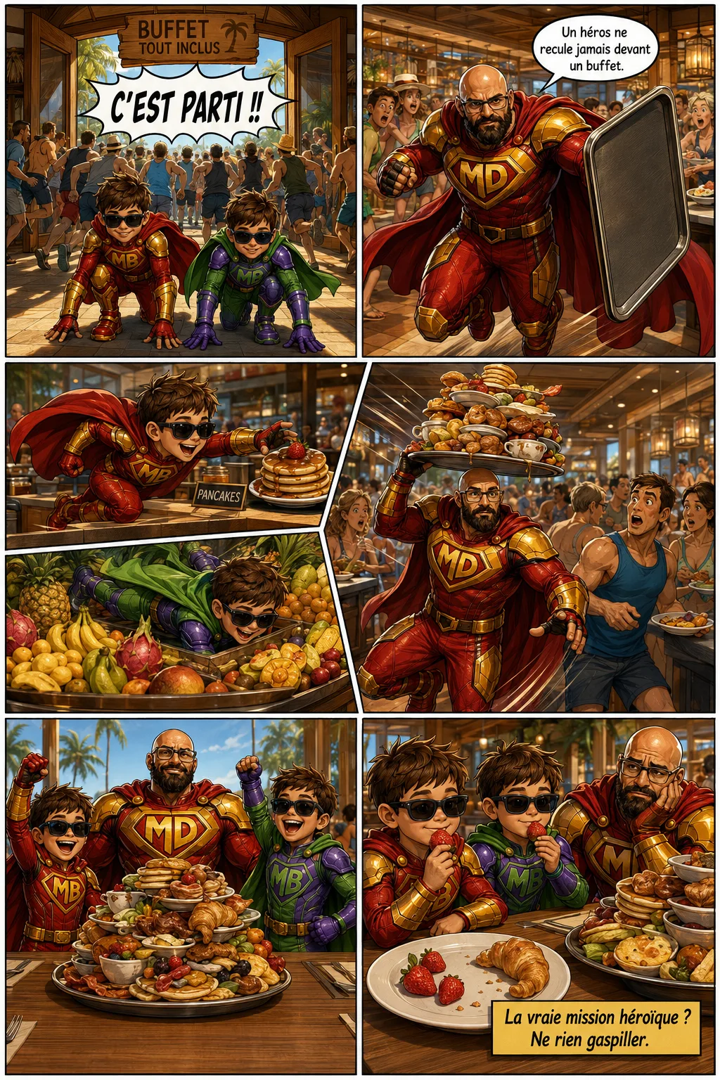 BD Mighty Dad — la famille prend le buffet tout-inclus d'assaut, empile une montagne de nourriture, puis contemple les restes. La vraie mission héroïque : ne rien gaspiller.
