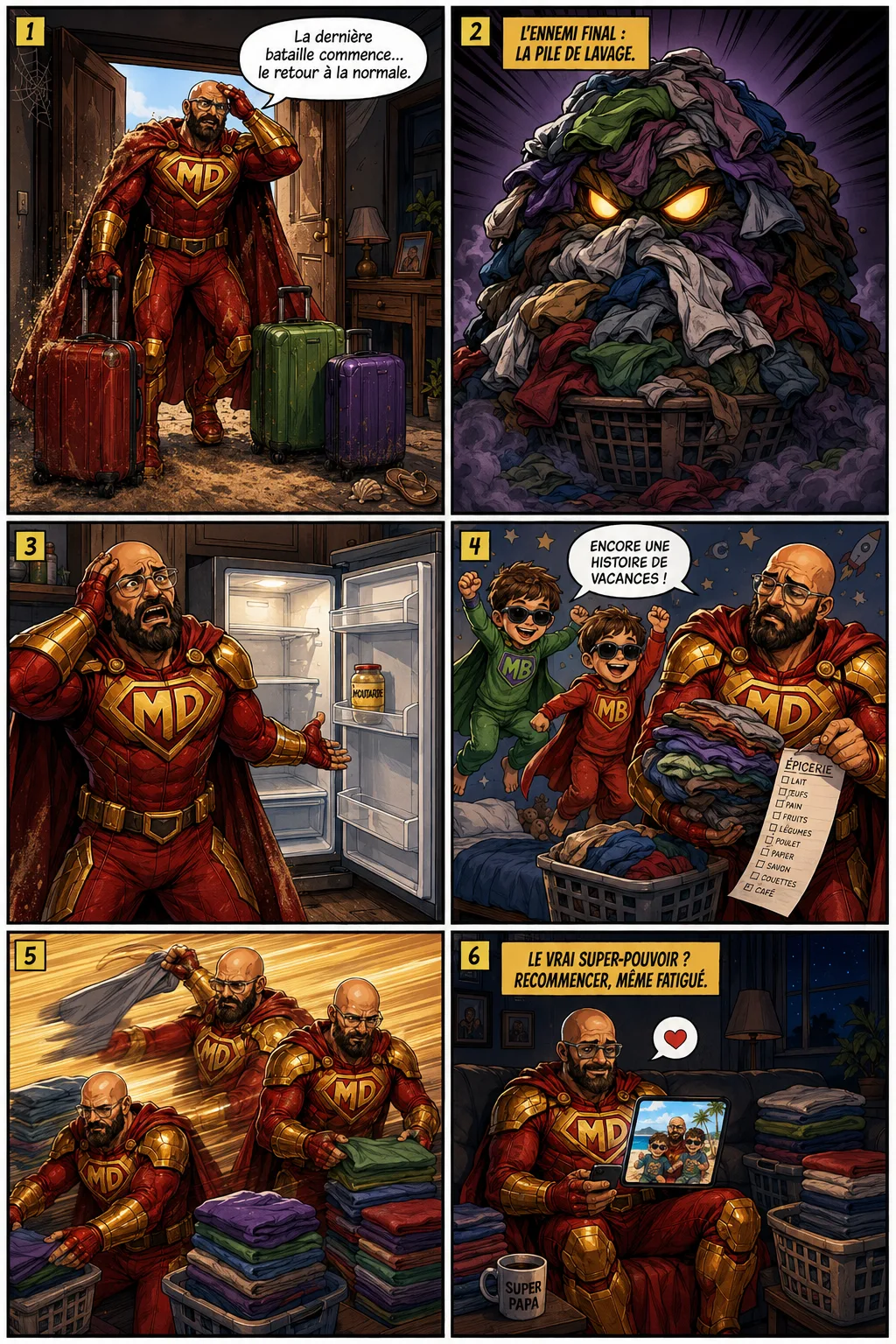 BD Mighty Dad — de retour de vacances, Mighty Dad affronte une pile de linge monstrueuse, un frigo vide et une longue liste d'épicerie ; il plie tout à super-vitesse. Le vrai super-pouvoir : recommencer, même fatigué.
